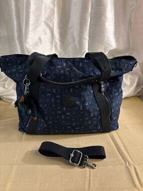 Kipling Skyler Printed Tote Bag in True Blue Tonal with Monkey Keychain